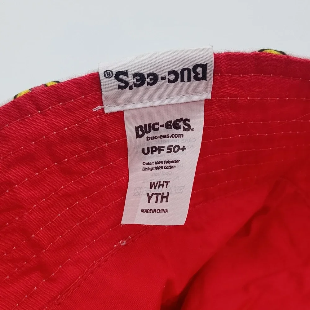 Buc-ee's Bucket Hat Youth‎ White Excellent UPF 50+ Beaver Logo Print Red Lining